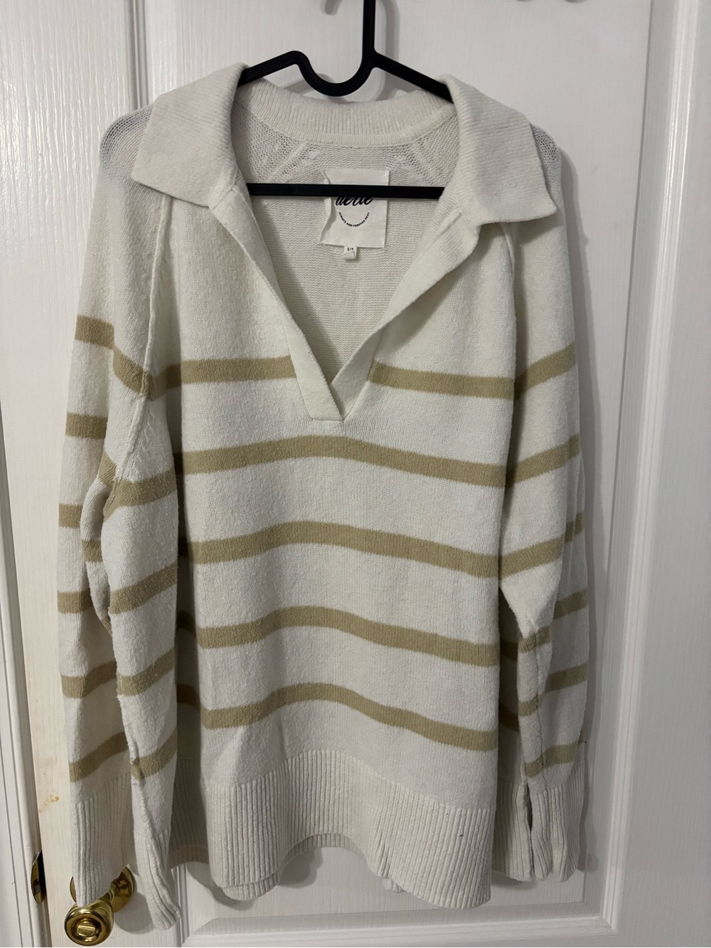Aerie Cream & Beige Striped Open-Collar Sweater